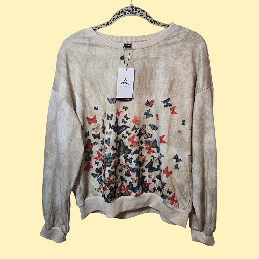 Anewsta Womens Butterfly Graphic Sweatshirt Tan Distressed Pullover Size L NWT
